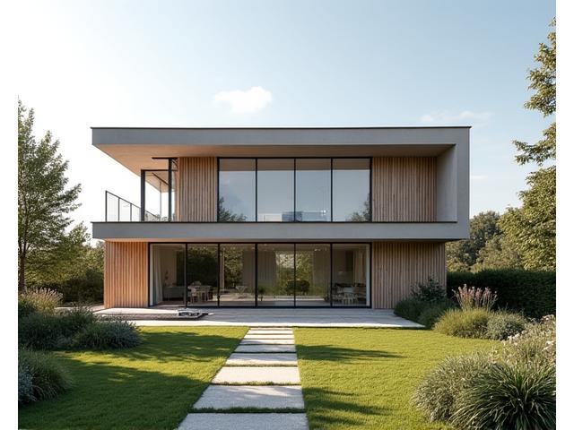 Moderne villa med store vinduer og træbeklædning